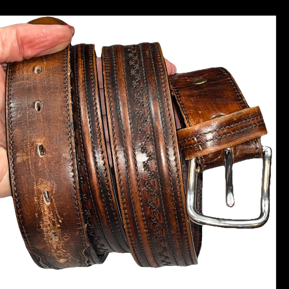 LEEGIN Vtg Men’s BIG TALL Brown Leather BELT 1.5” Wide REMOVABLE BUCKLE, 46-51” - Picture 3 of 16